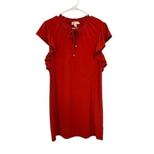 Michael Kors Women Orange Ruffle Sleeve Keyhole Tie Neck Shift Mini Dress Medium